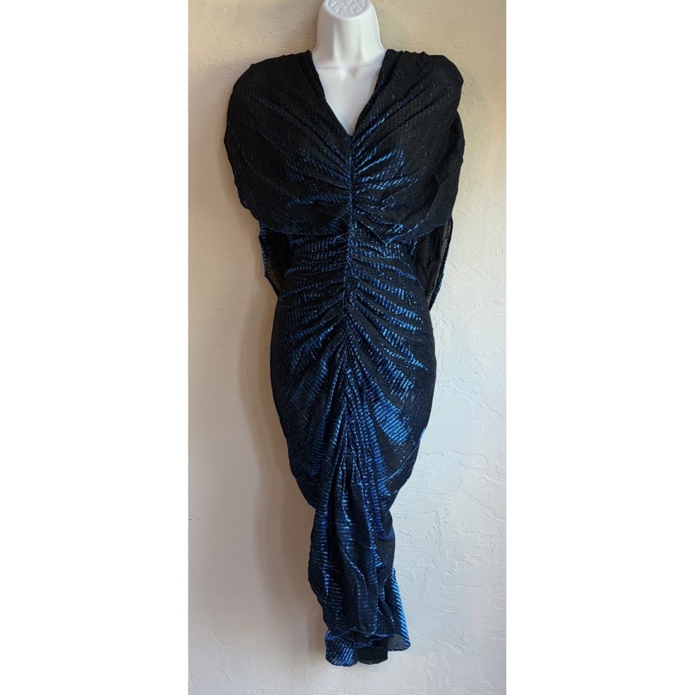 Vintage 80s Zum Zum Metallic Blue Ruched Midi Dress 10 Batwing Draped Fishtail